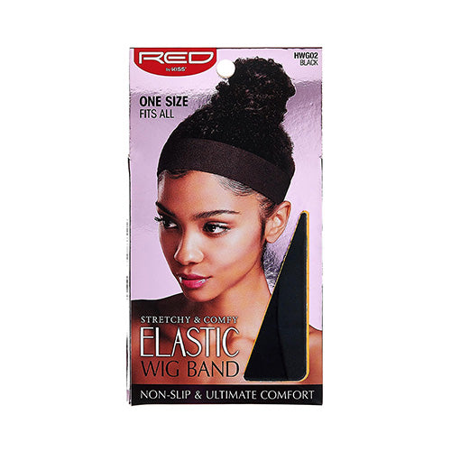 HWG02_main "A product packaging for a "RED by Kiss" elastic wig band. The packaging features a photograph of a woman with her hair styled in a bun, wearing the wig band. The text on the packaging includes the following details: - "RED by Kiss" logo at the top. - "HWGG02 BLACK" indicating the product code and color. - "ONE SIZE FITS ALL" indicating the size. - "STRETCHY & COMFY ELASTIC WIG BAND" describing the product."