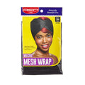 HWR02_main "A product package for a "Double Mesh Wrap" by the brand "RED by Kiss." The packaging is predominantly white with a red header at the top. The product is described as "Black" and "One Size." The wrap features a "Hook & Loop Fastener" for secure fitting. The front of the package displays an image of a person wearing the mesh wrap, showcasing how it looks when worn. The mesh wrap itself is visible through a transparent section at the bottom of the package."