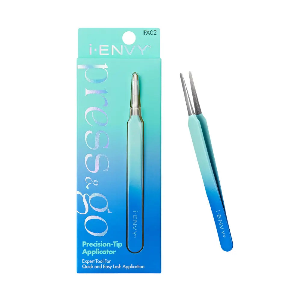 IPA02_main "A pair of tweezers with a sleek design. The tweezers have a gradient color scheme, transitioning from a light blue at the base to a darker blue at the tips. The brand name "iENvy" is printed in white on one side of the tweezers. The overall lo