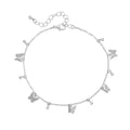 JA201_main "A delicate silver bracelet adorned with small butterfly charms and sparkling crystals. The chain is fine and features a series of evenly spaced butterflies, each intricately designed. The bracelet has an adjustable clasp, allowing for a custom