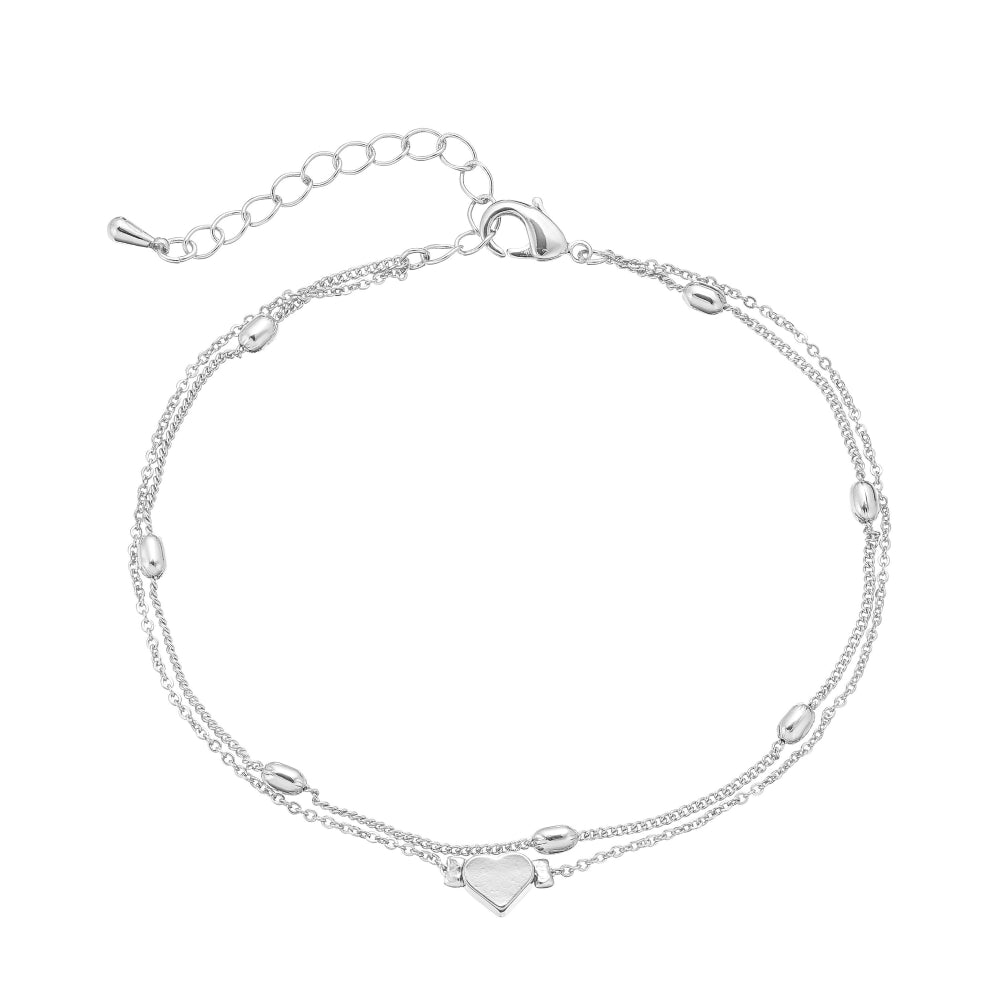 JA202_main "A delicate silver bracelet composed of multiple strands. The design includes small oval links and bead-like elements, creating a layered effect. At the center, there is a heart-shaped charm that adds a charming focal point. The bracelet is fin