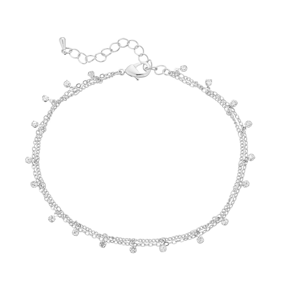 JA203_main "A delicate silver bracelet composed of two intertwined chains. The bracelet is adorned with small, sparkling embellishments that resemble tiny gemstones or crystals, adding a touch of elegance. It includes an adjustable chain with a clasp, all