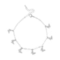 JA204_main "A delicate silver bracelet adorned with several butterfly charms. The bracelet consists of a chain with links, and the butterfly charms are embellished with sparkling stones, giving it a shimmering effect. The design is elegant and whimsical, 
