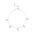 JA205_main "A delicate silver necklace adorned with five small, star-shaped pendants. Each star is embellished with sparkling details, giving the piece a shimmering effect. The necklace has a fine chain and includes an adjustable clasp at the back, allowi
