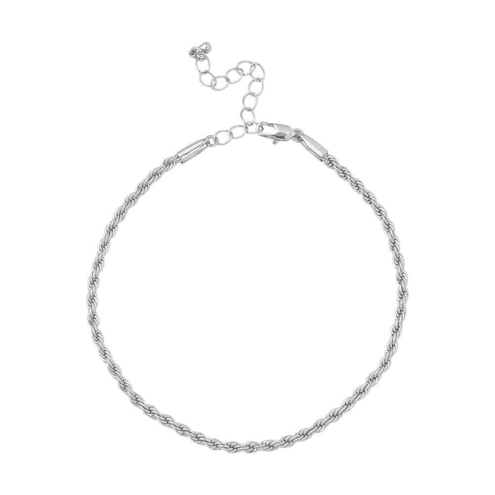 JA221_main "A delicate silver bracelet with a twisted rope design. The bracelet has a secure clasp and an adjustable chain extension, allowing for a customizable fit. Its shiny surface reflects light, giving it an elegant appearance suitable for various o