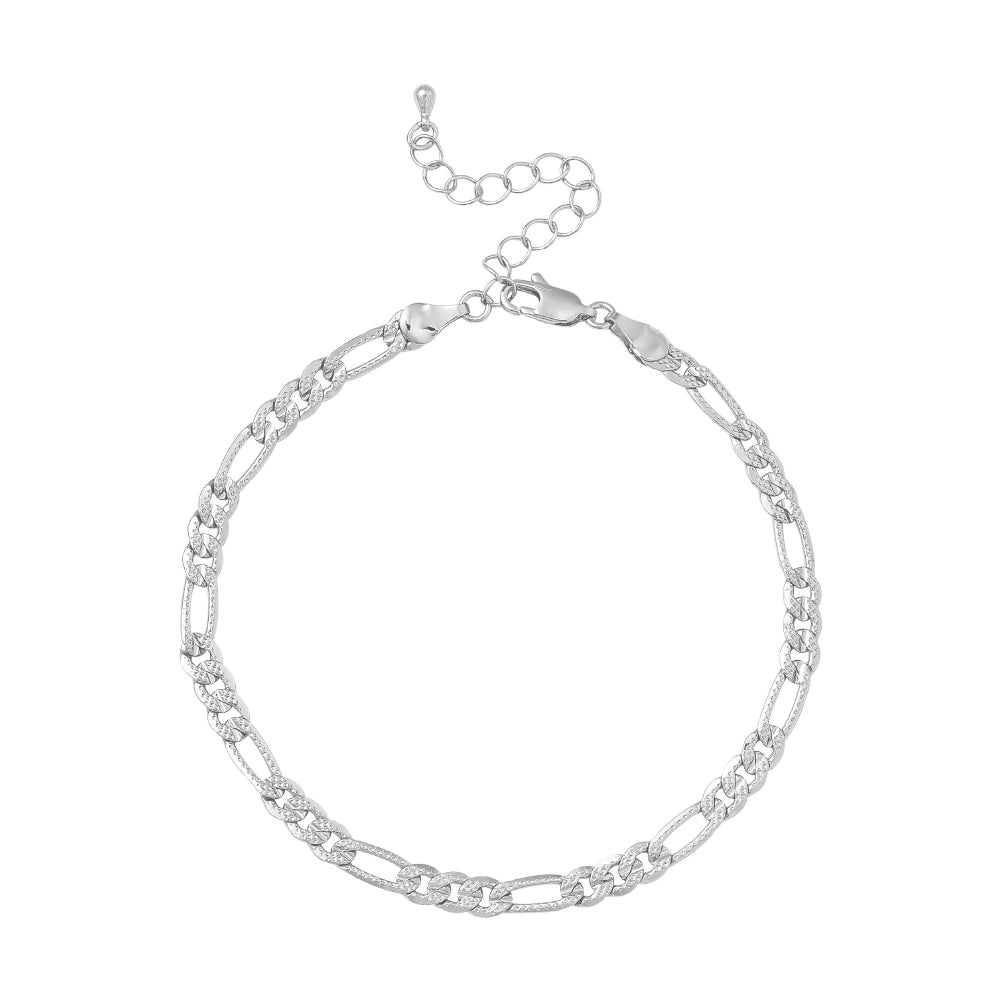 JA230_main "A silver bracelet composed of interlinked chain segments. The design includes a combination of flat and textured links, creating a visually appealing contrast. The bracelet is secured with a clasp and features an adjustable chain extension, al