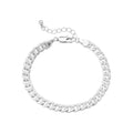 JB204_main "A silver chain bracelet characterized by a series of interlocking links. The links have a textured finish, giving the bracelet a stylish and polished appearance. It includes an adjustable chain with a clasp, allowing for a customizable fit. Th