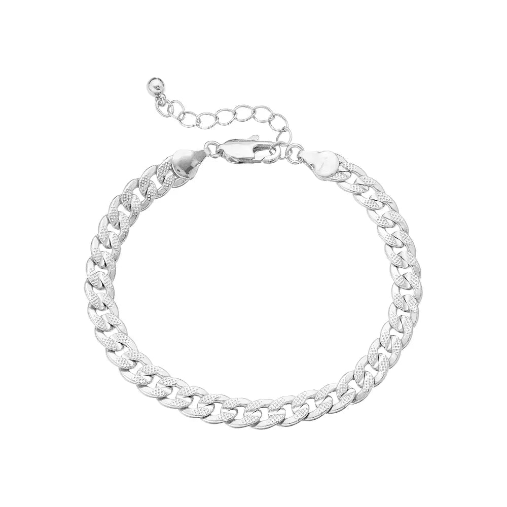 JB204_main "A silver chain bracelet characterized by a series of interlocking links. The links have a textured finish, giving the bracelet a stylish and polished appearance. It includes an adjustable chain with a clasp, allowing for a customizable fit. Th
