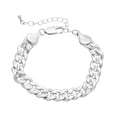 JB205_main "A silver bracelet made of interlocking chain links. The links have a polished finish, giving the bracelet a shiny appearance. It includes a clasp for secure fastening and an adjustable chain extension, allowing for size customization. The over