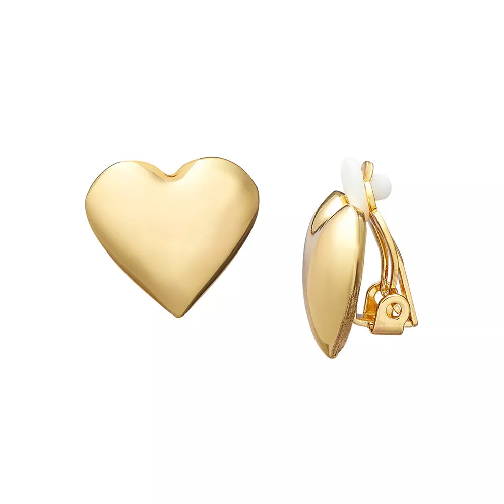 JE136_main "A packaging card for a pair of clip-on earrings. The earrings are designed in the shape of hearts and have a shiny gold finish. The card is labeled "arria by Kiss" and indicates that the earrings are lead and nickel free. The price displayed o