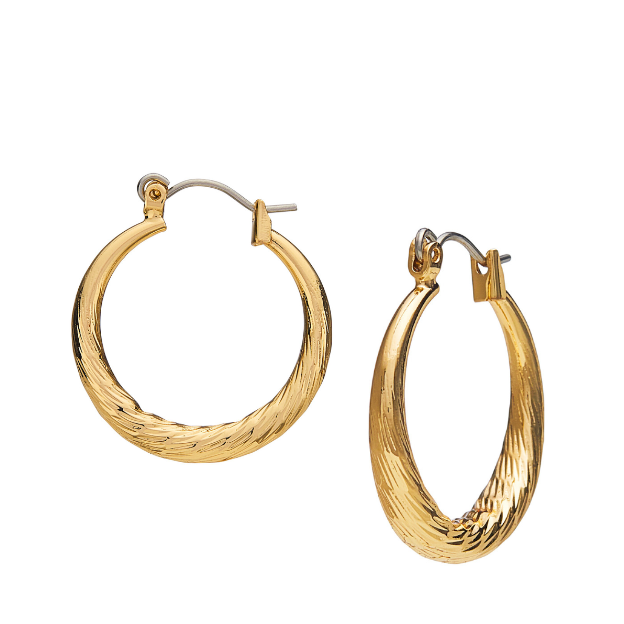 JE540_main "A pair of gold hoop earrings displayed on a white card. The earrings have a twisted design, giving them a textured appearance. The card is labeled with the brand name "arria" in bold, gold lettering, and includes the information "LEAD & NICKEL