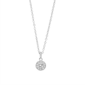 JN052_main "A delicate silver necklace with a fine chain. At the center, there is a circular pendant adorned with a cluster of sparkling stones, likely simulating a diamond effect. The pendant has a polished finish, enhancing its shine and elegance. The o