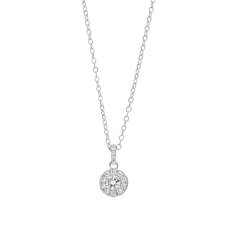 JN052_main "A delicate silver necklace with a fine chain. At the center, there is a circular pendant adorned with a cluster of sparkling stones, likely simulating a diamond effect. The pendant has a polished finish, enhancing its shine and elegance. The o