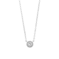 JN053_main "A delicate silver necklace with a fine chain. At the center, there is a circular pendant adorned with a sparkling gemstone, surrounded by smaller stones that enhance its brilliance. The overall design is elegant and timeless, making it suitabl