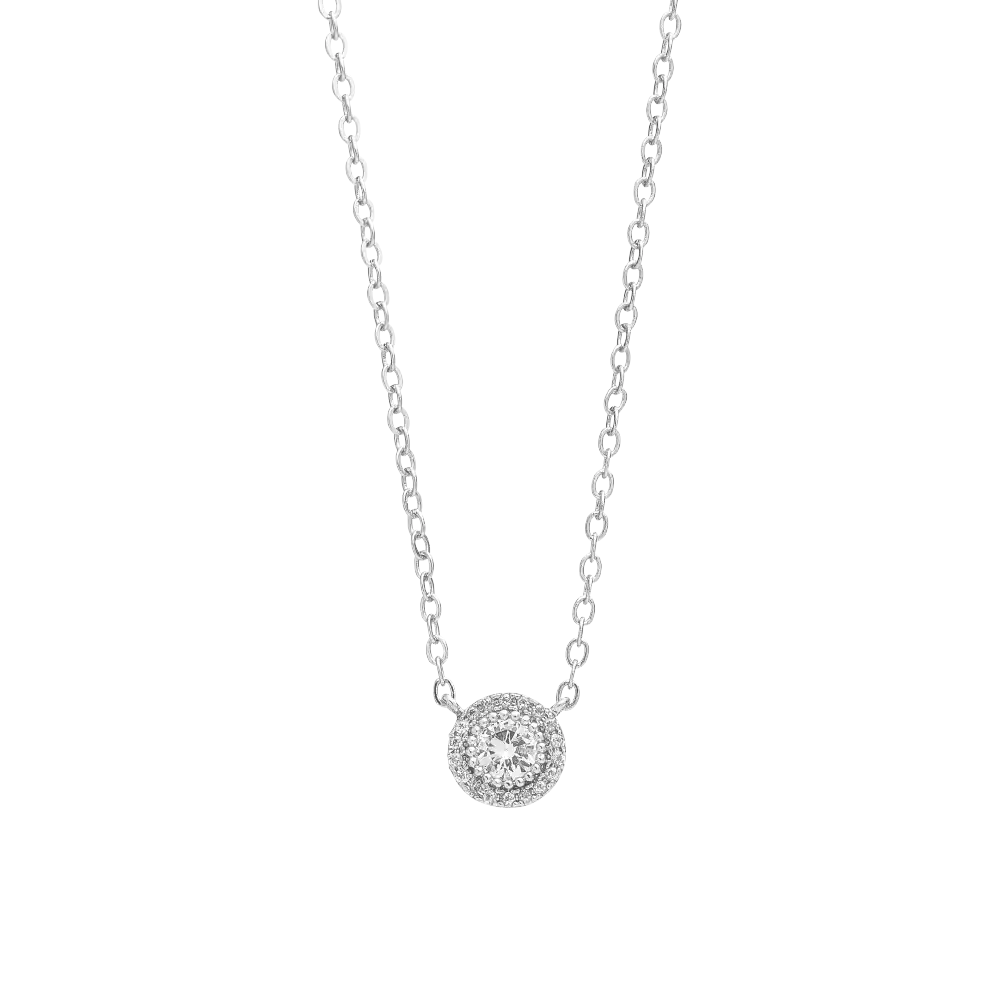 JN053_main "A delicate silver necklace with a fine chain. At the center, there is a circular pendant adorned with a sparkling gemstone, surrounded by smaller stones that enhance its brilliance. The overall design is elegant and timeless, making it suitabl