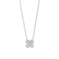 JN054_main "A delicate silver necklace with a chain and a pendant shaped like a four-petal flower. The flower pendant is adorned with sparkling stones, giving it a shimmering appearance. The overall design is elegant and feminine, making it a stylish acce
