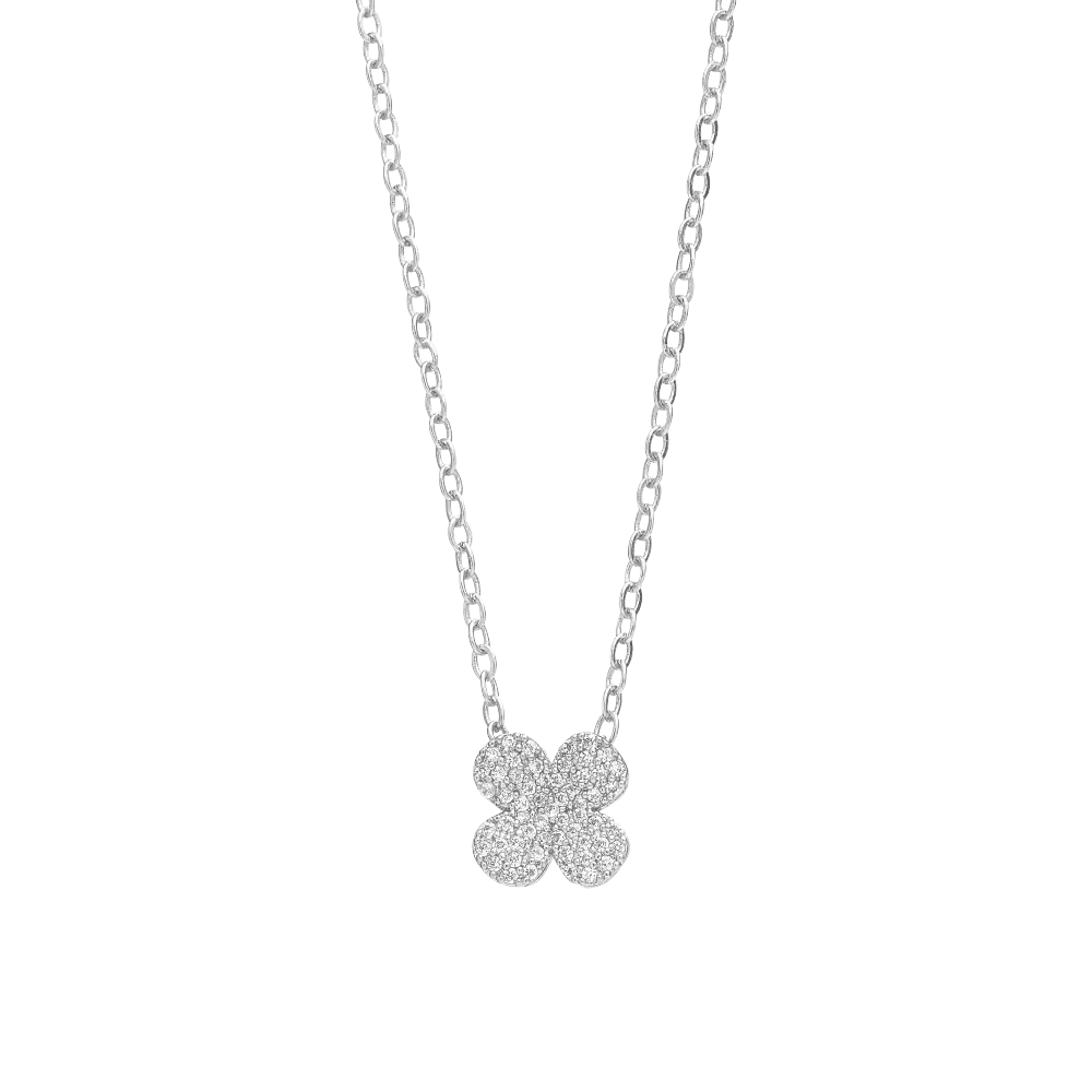 JN054_main "A delicate silver necklace with a chain and a pendant shaped like a four-petal flower. The flower pendant is adorned with sparkling stones, giving it a shimmering appearance. The overall design is elegant and feminine, making it a stylish acce