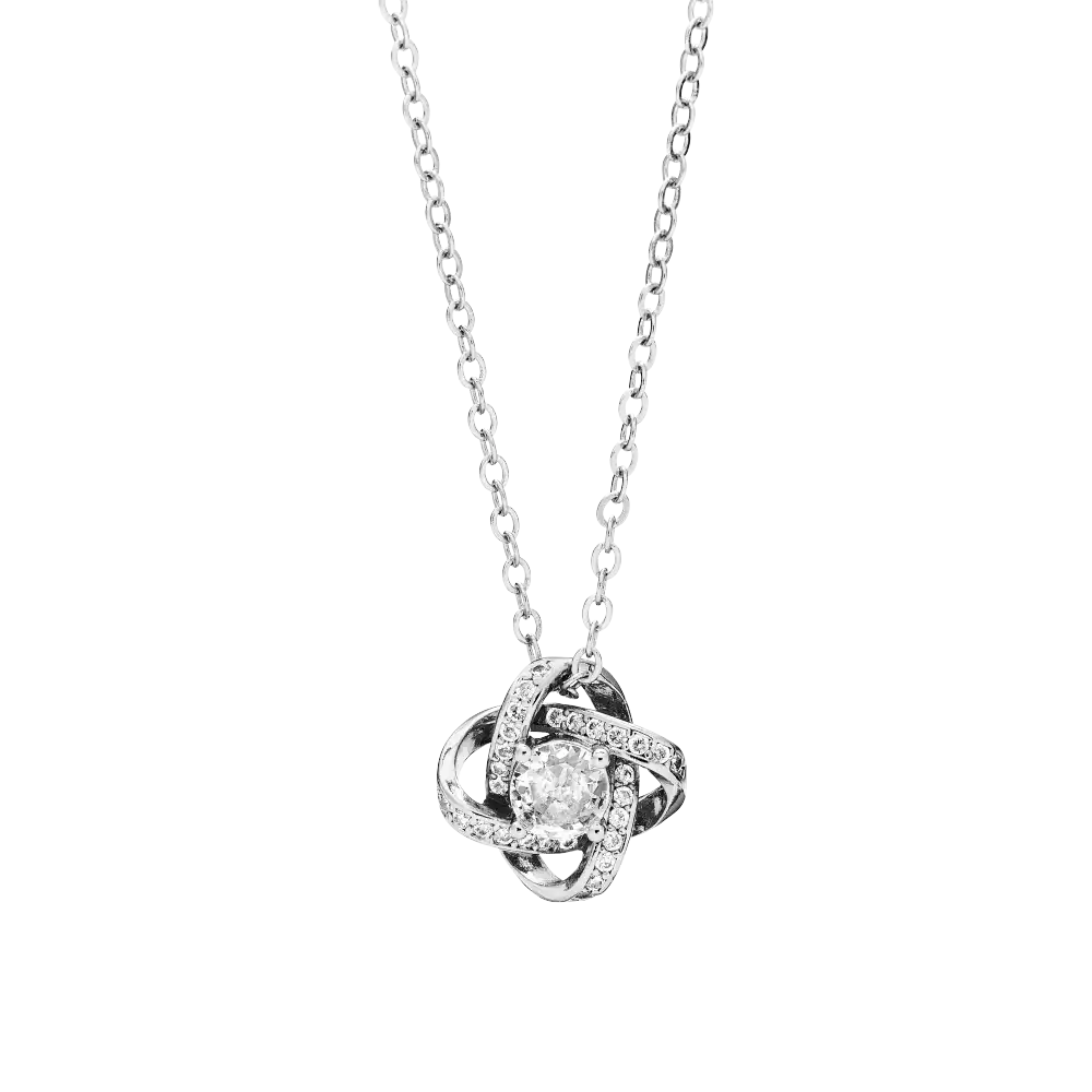 JN058_main "A premium necklace from the brand "Arria by Kiss." It is displayed on a black card with gold lettering. The necklace is designed with a white gold tone and features a cubic zirconia centerpiece, which is likely a sparkling stone. The card indi