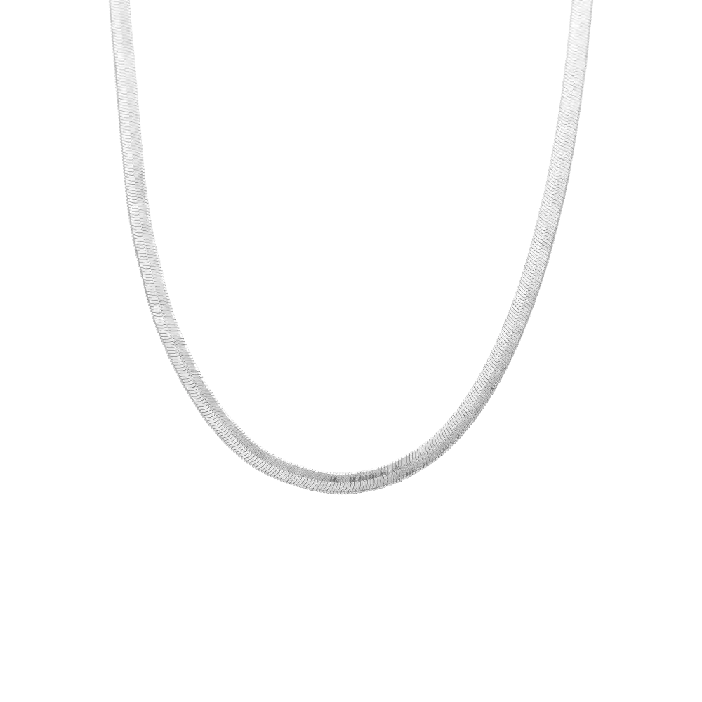 JN225_main "A sleek, silver-colored chain necklace. The chain has a smooth, rounded design and appears to be made of a flexible material, giving it a delicate yet elegant look. It is displayed against a plain white background, emphasizing its shine and si