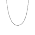 JN226_main "A silver chain necklace with a twisted rope design. The chain appears to be smooth and shiny, reflecting light, and has a classic, elegant look. It is displayed against a plain white background, emphasizing its intricate details and craftsmans