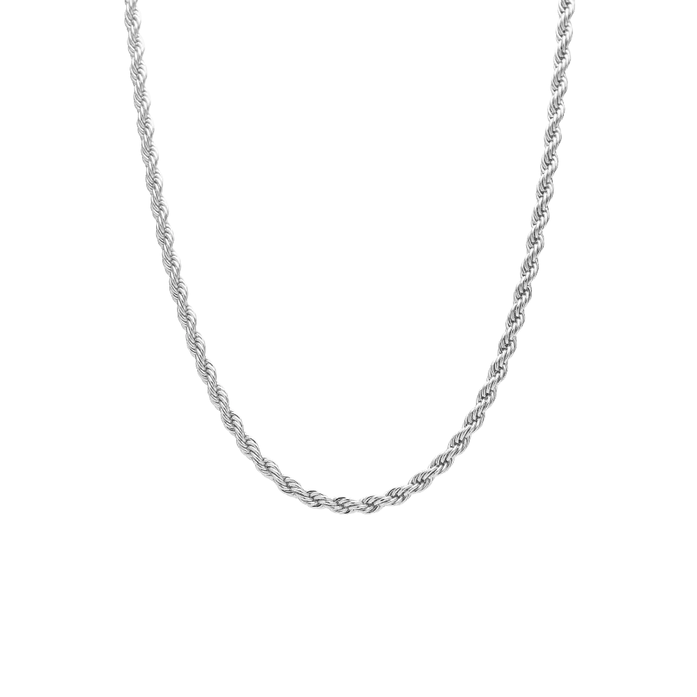 JN226_main "A silver chain necklace with a twisted rope design. The chain appears to be smooth and shiny, reflecting light, and has a classic, elegant look. It is displayed against a plain white background, emphasizing its intricate details and craftsmans