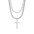JN227_main "A silver necklace composed of two chains layered together. The top chain is a simple, smooth design, while the bottom chain has a twisted or braided appearance. Hanging from the lower chain is a polished silver cross pendant, which adds a reli
