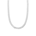 JN229_main "A silver chain necklace with a classic curb link design. The links are interlocked in a smooth, polished manner, giving the necklace a shiny and reflective appearance. The chain is displayed against a plain white background, emphasizing its sl