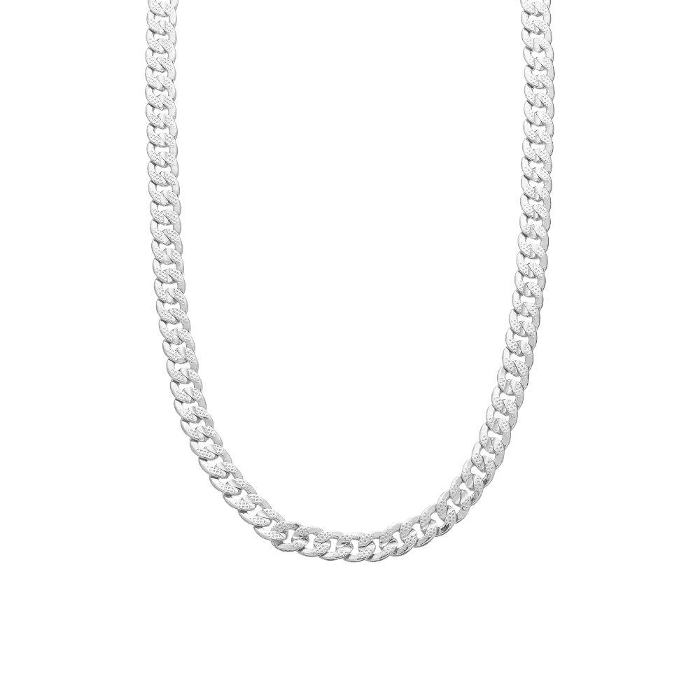 JN229_main "A silver chain necklace with a classic curb link design. The links are interlocked in a smooth, polished manner, giving the necklace a shiny and reflective appearance. The chain is displayed against a plain white background, emphasizing its sl
