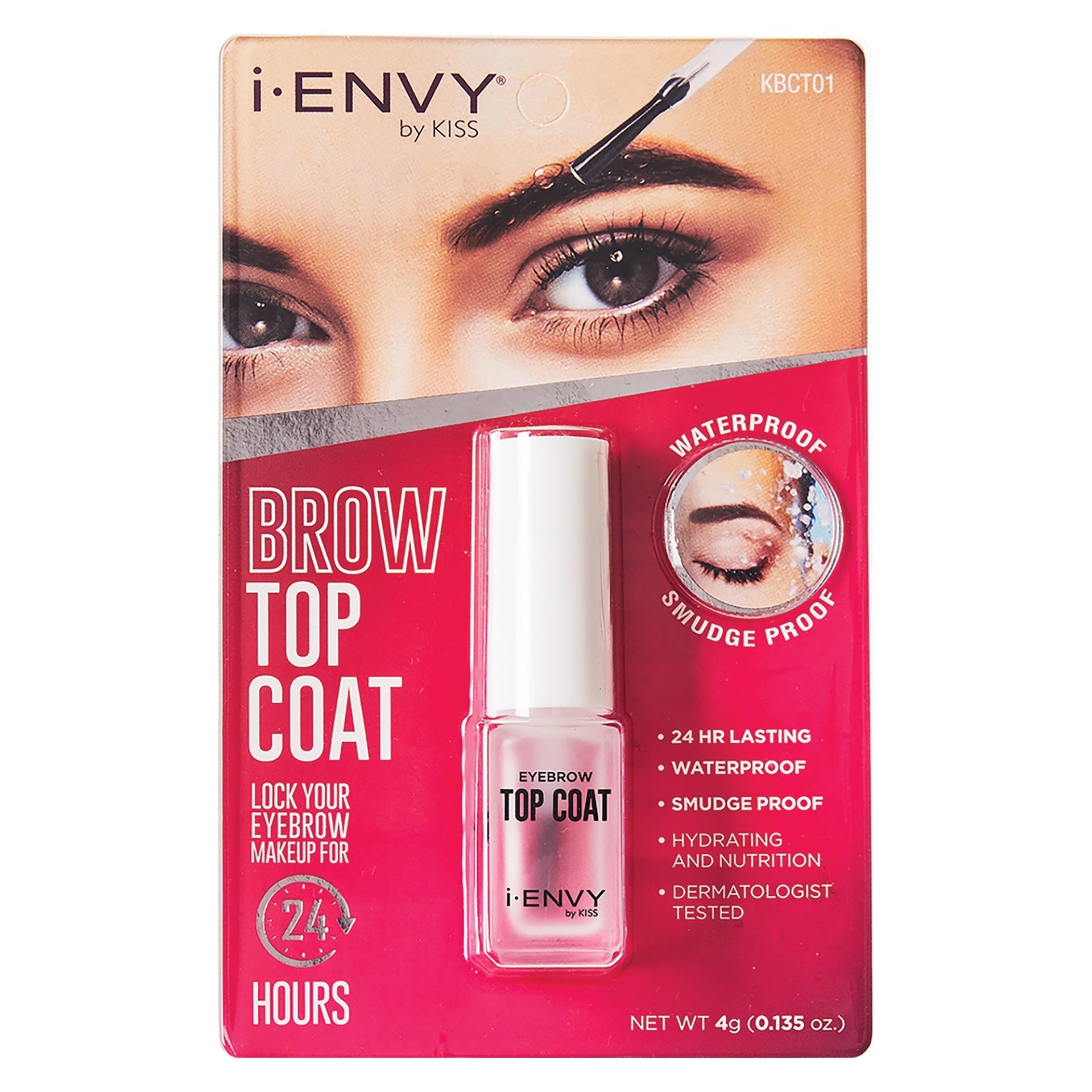 KBCT01_main "A cosmetic product consisting of a small, clear bottle with a white cap. The bottle is labeled "EYEBROW TOP COAT" and "i•ENVY by KISS." The cap is removed and placed next to the bottle, revealing a brush applicator attached to the underside o