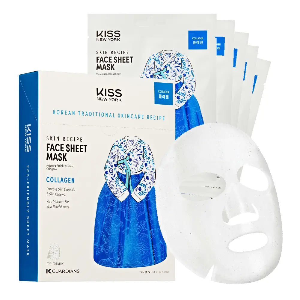 Kiss New York Korean Sheet Mask for Hydration, Brightening, and Anti-Aging – Niacinamide, Collagen & Adenosine (6 Sheets) official pack