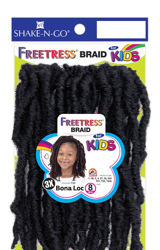 Freetress Shake N Go Equal 3X Kids-Bona Loc 8" — official pack photo (KKSBL_PKG.jpg) from snghair.com