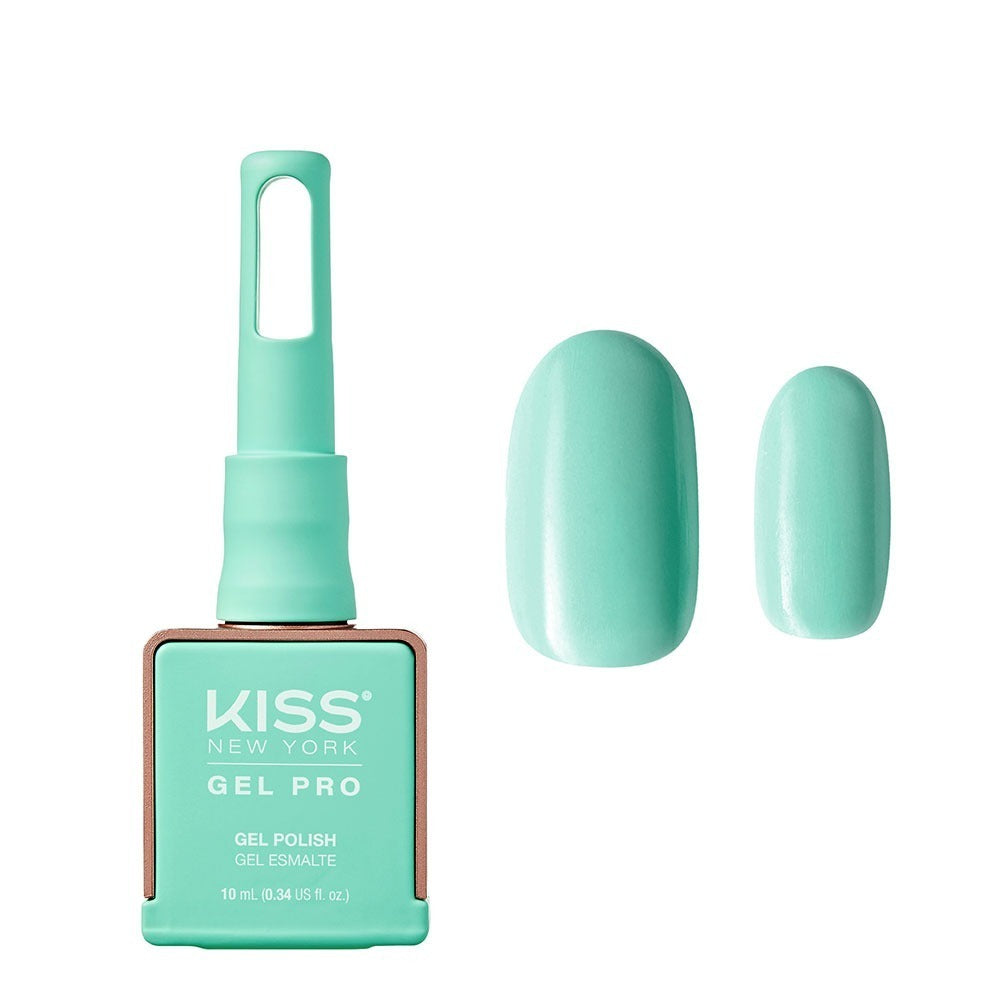 KNGP020_main "A bottle of nail polish from the brand "KISS New York." The bottle has a unique design with a square base and a long, cylindrical handle. The color of the bottle is a mint green shade. The front of the bottle features text detailing the prod