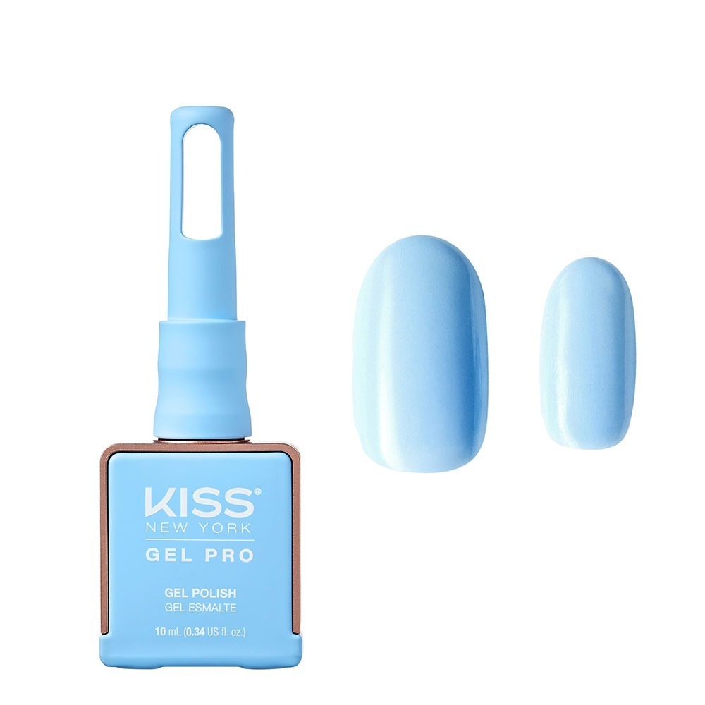 KNGP021_main "A bottle of nail polish from the brand "KISS New York." The bottle has a unique design with a square base and a long, cylindrical handle. The handle is light blue, and the base of the bottle is brown. The front of the bottle features text in
