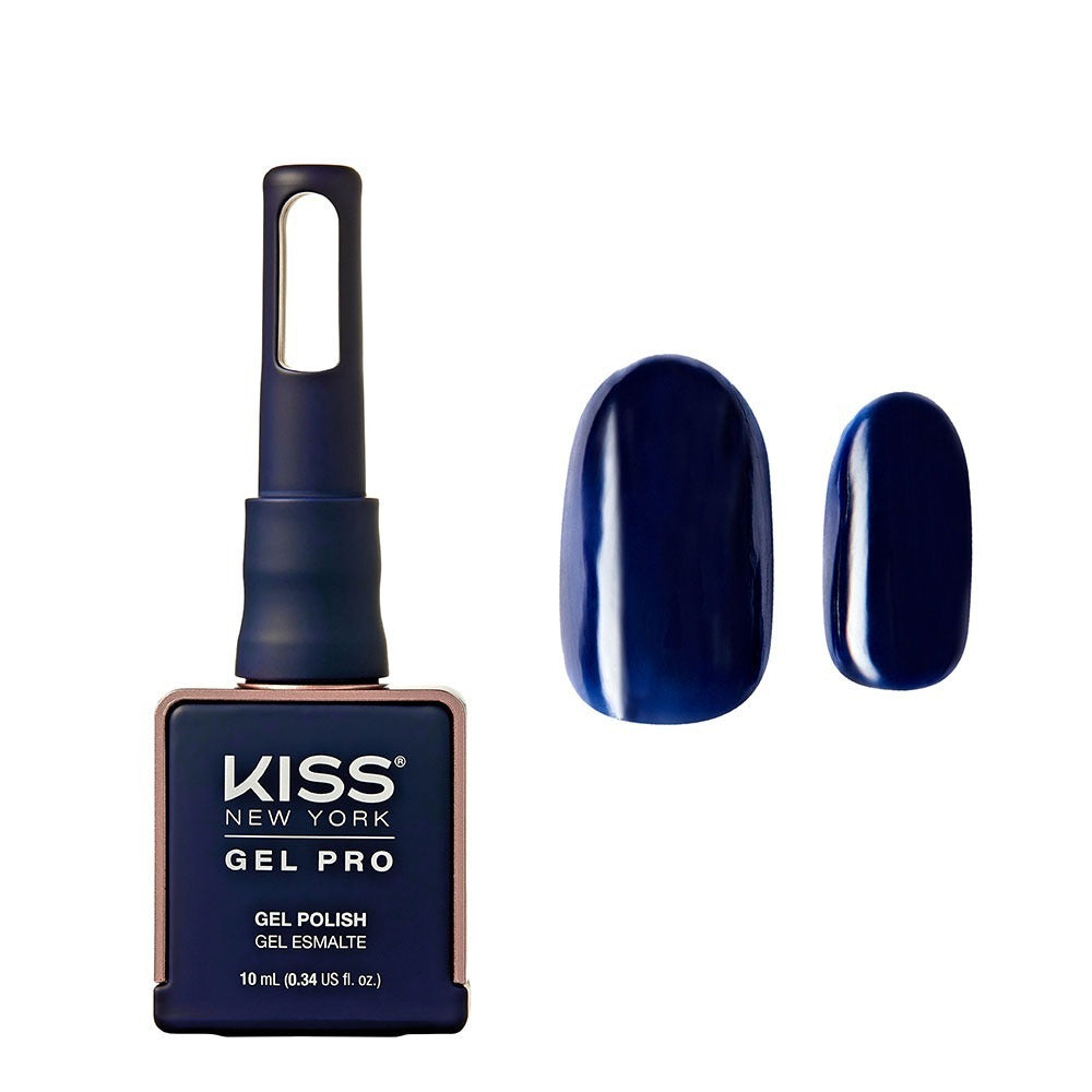 KNGP023_main "A bottle of KISS New York Gel Pro nail polish. The bottle has a rectangular base with a dark blue label that contains text. The cap is elongated and also dark blue, with a cutout near the top. The text on the label provides usage instruction