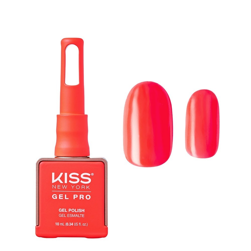 KNGP025_main "A bottle of KISS New York Gel Pro nail polish. The bottle is predominantly red and has a rectangular shape with a long, narrow cap that has a looped handle at the top. The front of the bottle features text in white, providing usage instructi