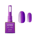 KNGP027_main "A bottle of KISS New York Gel Pro nail polish. The bottle is predominantly purple with a rectangular base and a long, cylindrical cap. The cap has a hole near the top, likely for easy handling. The front label of the bottle contains text in white, providing information about the product, including usage instructions, warnings, and manufacturer details. The text mentions that the recommended curing time is 30 seconds under an LED lamp or 2 minutes under a UV lamp."