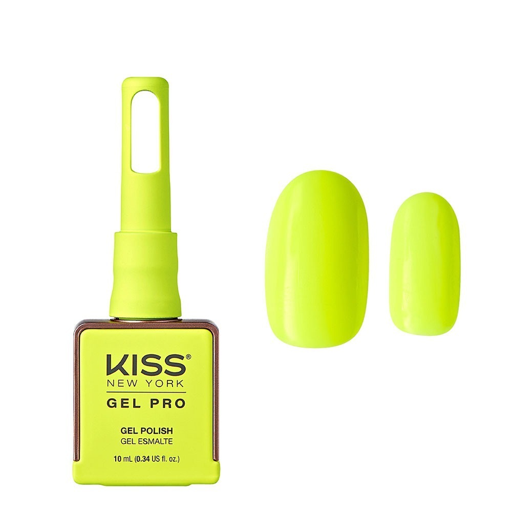 KNGP028_main "A bottle of "KISS New York Gel Pro" nail product. The bottle is predominantly yellow with a rectangular base and a long, cylindrical cap. The front label contains text detailing the product's usage instructions, cautionary notes, and manufacturing information. The text is printed in black on the yellow background, making it easy to read. The cap has a unique design with a rectangular cutout near the top."