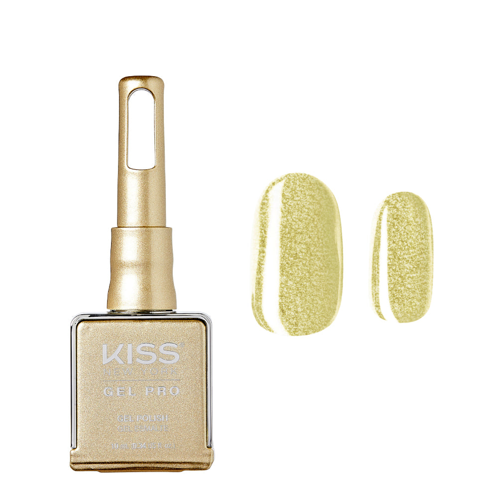 KNGP042_main "A bottle of KISS New York Gel Pro nail polish. The bottle has a square base with a metallic gold cap. The label on the front of the bottle reads "KISS New York GEL PRO" and "GEL POLISH GEL ÉMAILLÉ" in white text. The bottle appears to be des