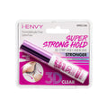 KPEG15N_main "A packaged product of i-ENVY Super Strong Hold 3D Strip Lash Adhesive. The packaging is predominantly white with pink and purple accents. The adhesive tube inside is metallic pink with white and pink labeling. The text on the packaging highl