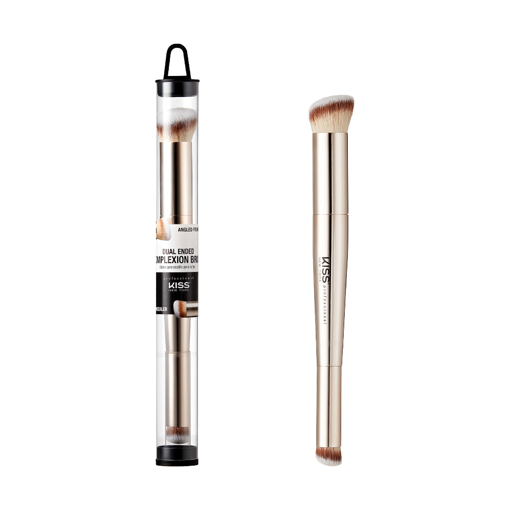 KPMB04_main "A dual-ended makeup brush. The brush has a sleek, metallic handle with a gold finish. One end of the brush features a larger, angled brush head with densely packed bristles, suitable for applying foundation or contouring. The other end has a smaller, rounded brush head, ideal for precision work such as applying concealer or eyeshadow. The handle has the brand name "KISS" printed on it. The overall design is elegant and functional, catering to various makeup application needs."