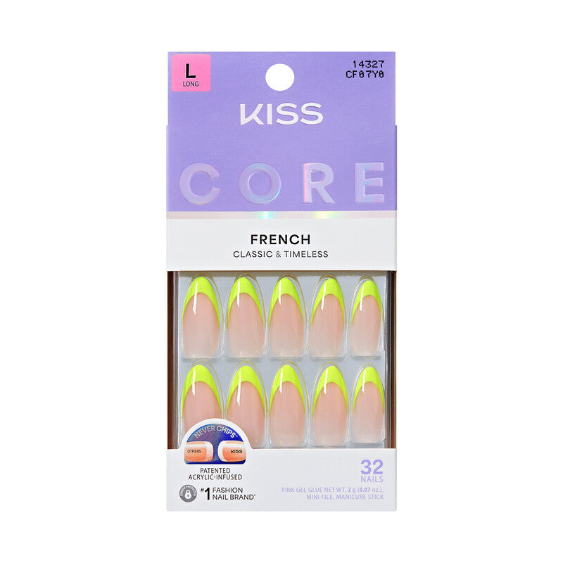 KISS Core Colored French Glue-On Nails - Multiple Styles, Colors & Lengths - Bussin (Neon Yellow Tip) - Almond / Long official pack