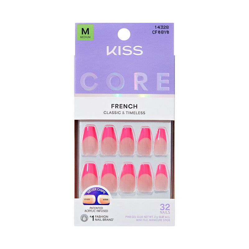KISS Core Colored French Glue-On Nails - Multiple Styles, Colors & Lengths - GOAT (Hot Pink Tip) - Coffin / Medium official pack