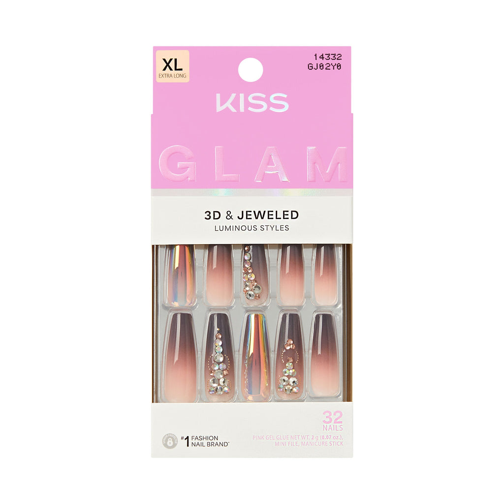 KISS GLAM XL Coffin Glue-On Nails – Chrome Sparkle - Amped official pack