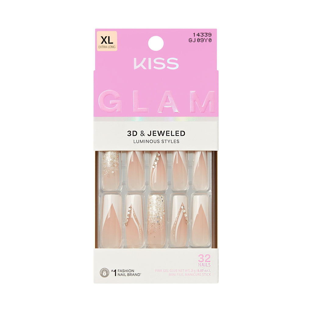 KISS GLAM XL Square Glue-On Nails – Nude, Pearl & Rhinestones - Rent Free official pack