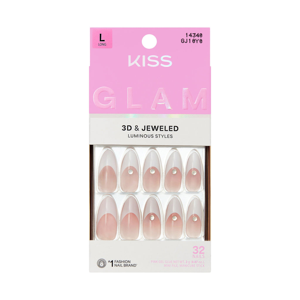 KISS GLAM Long Almond Glue-On Nails – Pinks, Nudes, & Bling - Rooting For You official pack