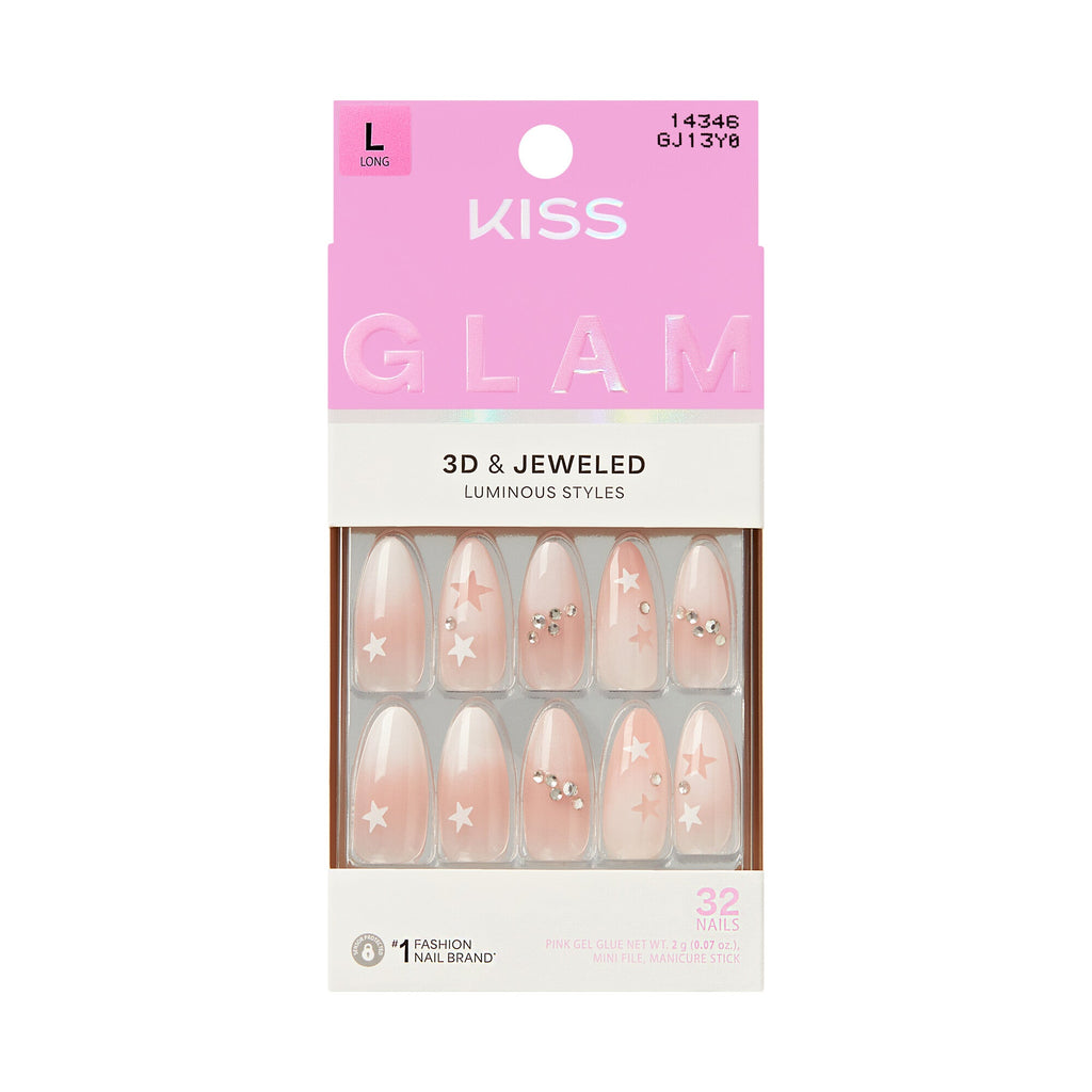 KISS GLAM Long Almond Glue-On Nails – Pinks, Nudes, & Bling - Hot Girl Summer official pack