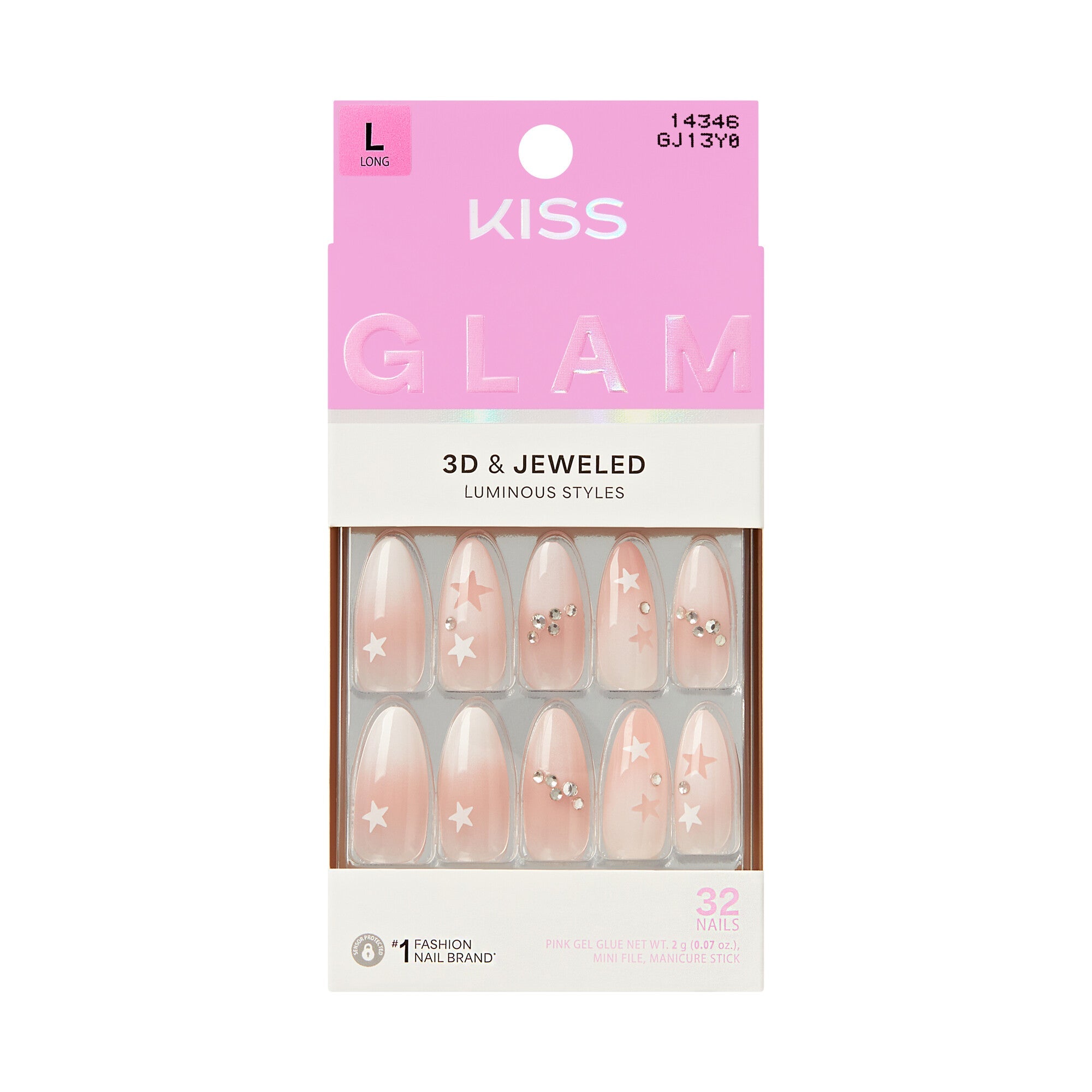 KISS GLAM Long Almond Glue-On Nails – Pinks, Nudes, & Bling - Hot Girl Summer official pack