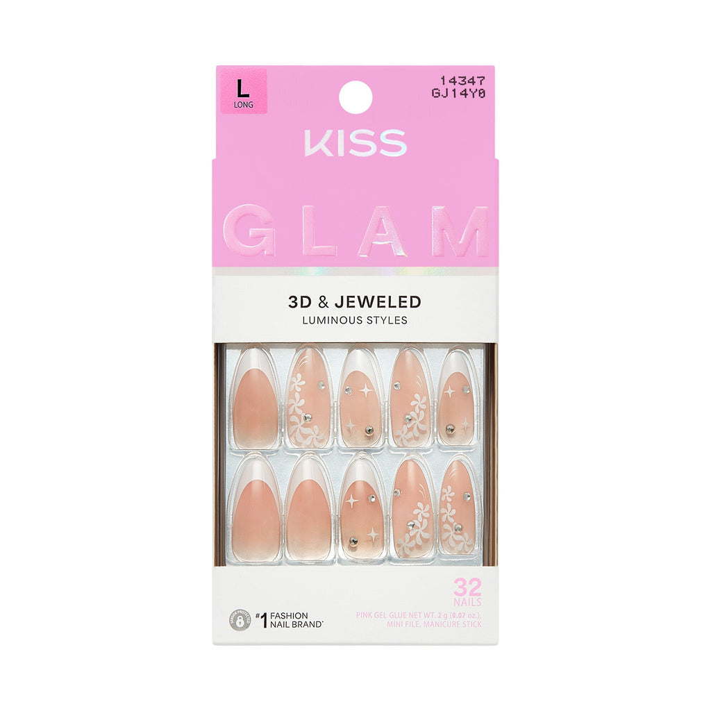 KISS GLAM Long Almond Glue-On Nails – Pinks, Nudes, & Bling - I Am Shook official pack
