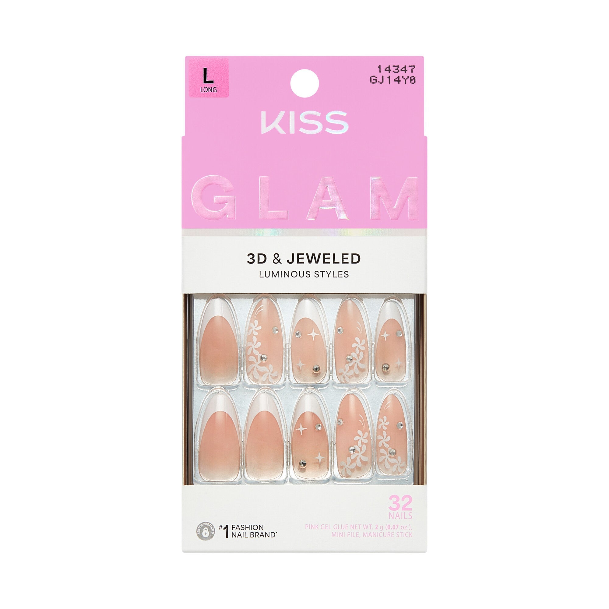 KISS GLAM Long Almond Glue-On Nails – Pinks, Nudes, & Bling - I Am Shook official pack