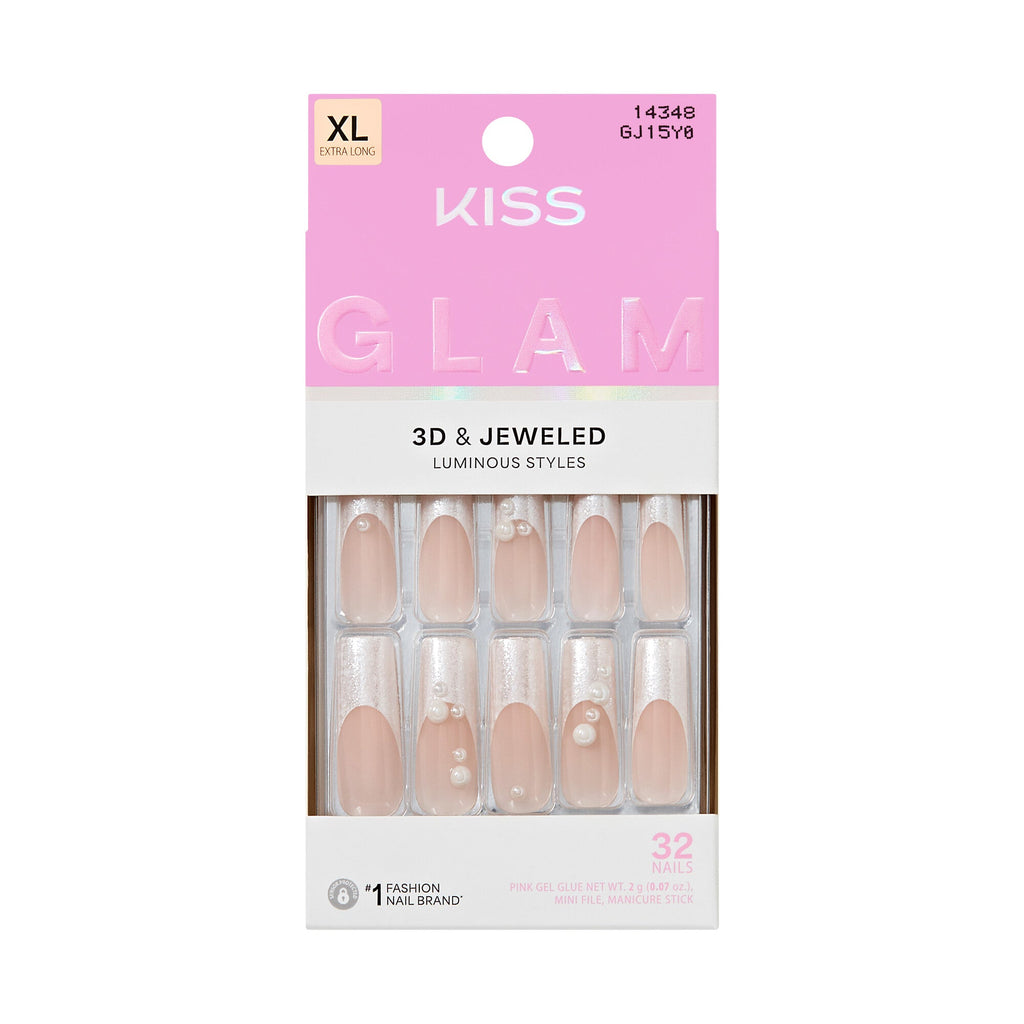 KISS GLAM XL Square Glue-On Nails – Nude, Pearl & Rhinestones - I Want Attention official pack